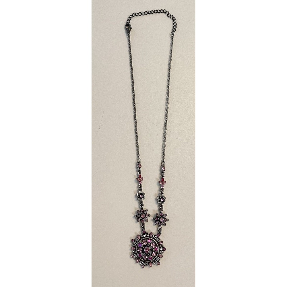 Avon Silver Tone Pink Purple Rhinestone Faux Pendant Necklace Fairy Boho